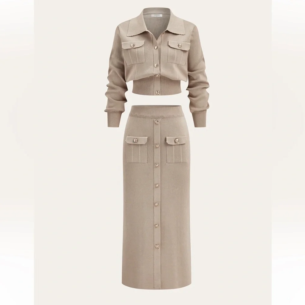 Commense Taupe Knit Crop Jacket & Button-Front Maxi Skirt Set - Picture 1 of 7